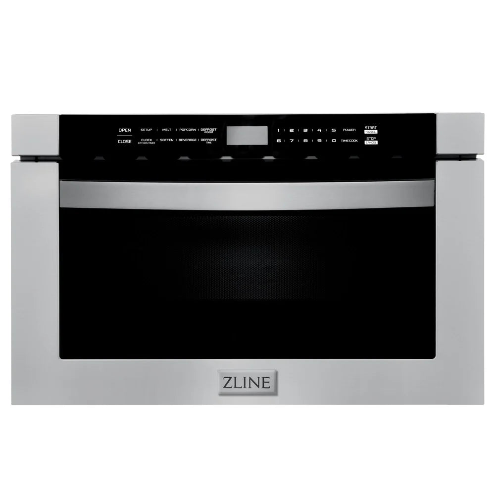 ZLINE Kitchen Package in Stainless Steel with 36 in. Gas Range, 36 in. Range Hood, 36 in. Refrigerator, 24 in. Microwave Drawer, and 24 in. Tall Tub Dishwasher (5KPR-SGRRH36-MWDWV)