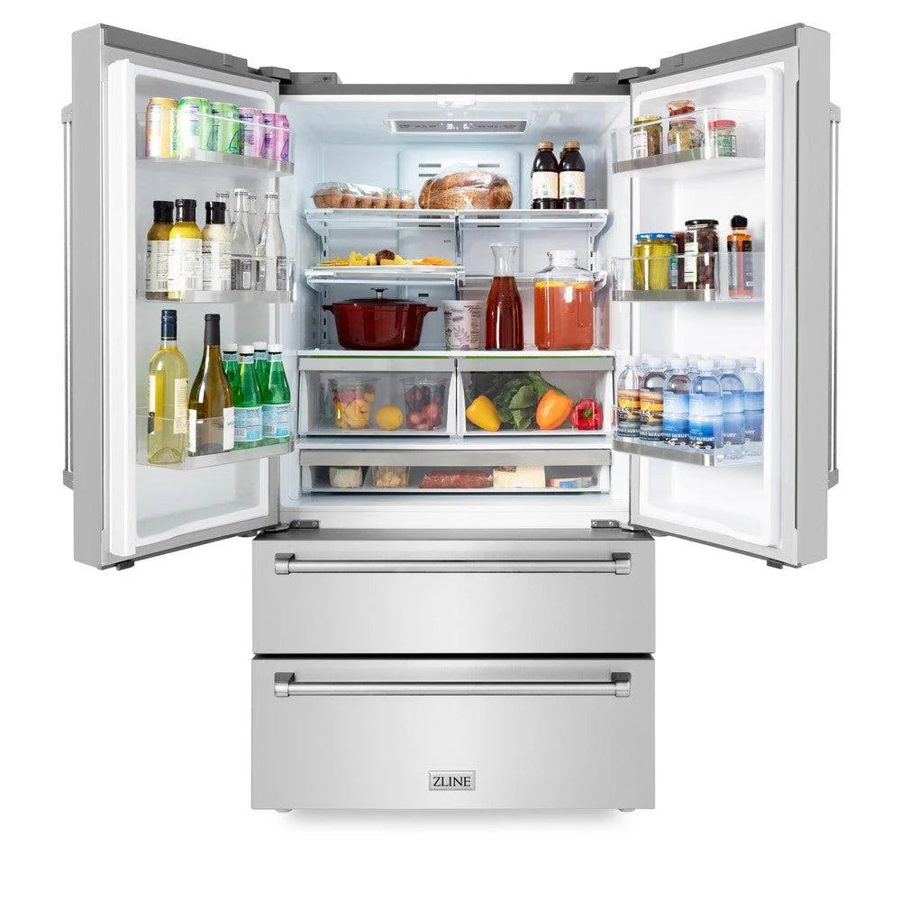 ZLINE Kitchen Package in Stainless Steel with 36 in. Gas Range, 36 in. Range Hood, 36 in. Refrigerator, 24 in. Microwave Drawer, and 24 in. Tall Tub Dishwasher (5KPR-SGRRH36-MWDWV)