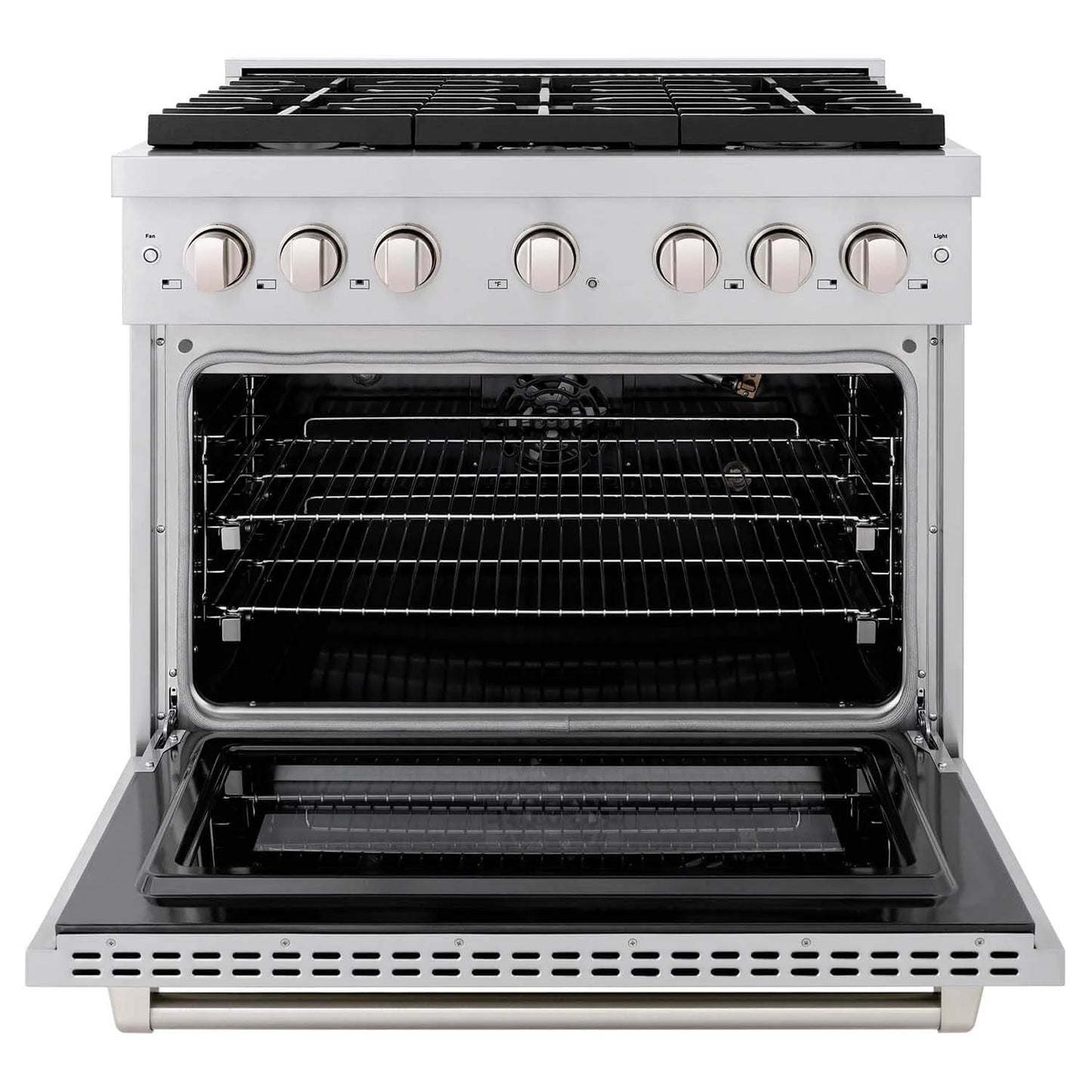 ZLINE Kitchen Package in Stainless Steel with 36 in. Gas Range, 36 in. Range Hood, 36 in. Refrigerator, 24 in. Microwave Drawer, and 24 in. Tall Tub Dishwasher (5KPR-SGRRH36-MWDWV)