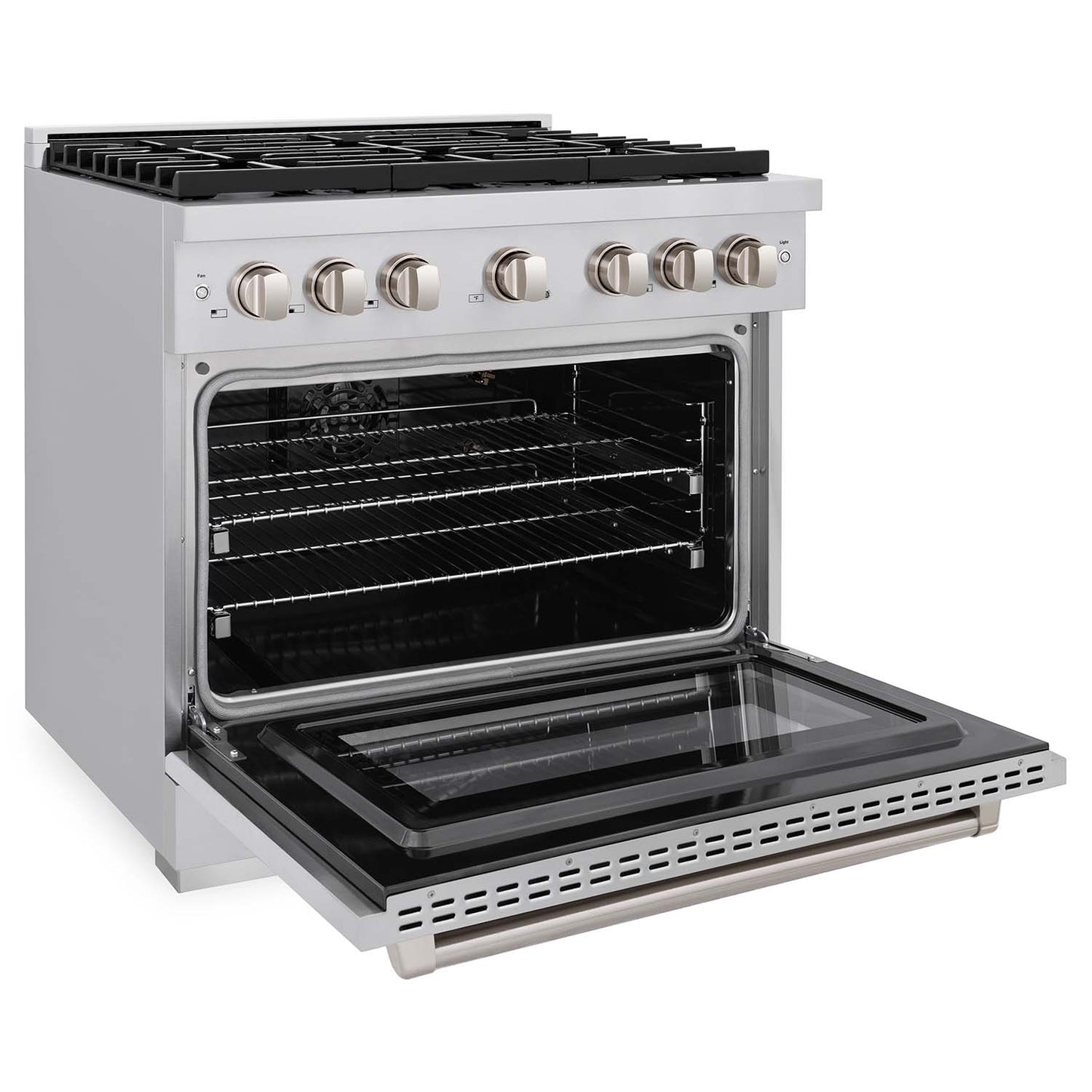 ZLINE Kitchen Package in Stainless Steel with 36 in. Gas Range, 36 in. Range Hood, 36 in. Refrigerator, 24 in. Microwave Drawer, and 24 in. Tall Tub Dishwasher (5KPR-SGRRH36-MWDWV)
