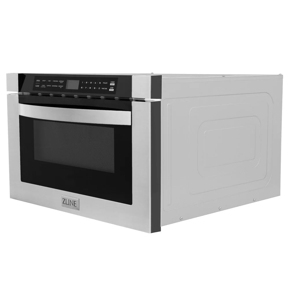 ZLINE Kitchen Package in Stainless Steel with 36 in. Gas Range, 36 in. Range Hood, 36 in. Refrigerator, 24 in. Microwave Drawer, and 24 in. Tall Tub Dishwasher (5KPR-SGRRH36-MWDWV)