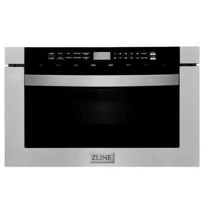 ZLINE Kitchen Package in Stainless Steel with 36 in. Gas Range, 36 in. Range Hood, 36 in. Refrigerator, 24 in. Microwave Drawer, and 24 in. Tall Tub Dishwasher (5KPR-SGRRH36-MWDWV)