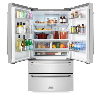 ZLINE Kitchen Package in Stainless Steel with 36 in. Gas Range, 36 in. Range Hood, 36 in. Refrigerator, 24 in. Microwave Drawer, and 24 in. Tall Tub Dishwasher (5KPR-SGRRH36-MWDWV)