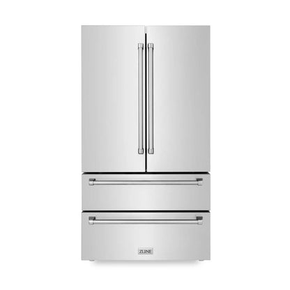 ZLINE Kitchen Package in Stainless Steel with 36 in. Gas Range, 36 in. Range Hood, 36 in. Refrigerator, 24 in. Microwave Drawer, and 24 in. Tall Tub Dishwasher (5KPR-SGRRH36-MWDWV)