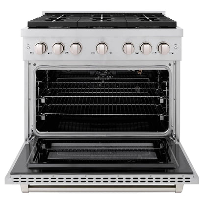 ZLINE Kitchen Package in Stainless Steel with 36 in. Gas Range, 36 in. Range Hood, 36 in. Refrigerator, 24 in. Microwave Drawer, and 24 in. Tall Tub Dishwasher (5KPR-SGRRH36-MWDWV)