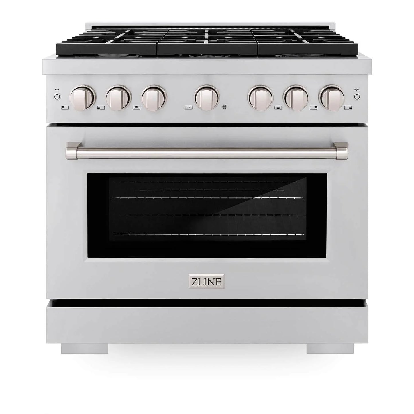 ZLINE Kitchen Package in Stainless Steel with 36 in. Gas Range, 36 in. Range Hood, 36 in. Refrigerator, 24 in. Microwave Drawer, and 24 in. Tall Tub Dishwasher (5KPR-SGRRH36-MWDWV)