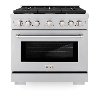 ZLINE Kitchen Package in Stainless Steel with 36 in. Gas Range, 36 in. Range Hood, 36 in. Refrigerator, 24 in. Microwave Drawer, and 24 in. Tall Tub Dishwasher (5KPR-SGRRH36-MWDWV)