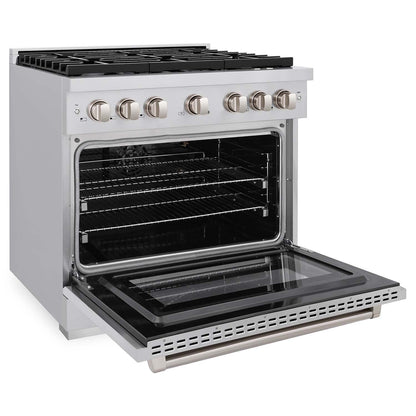 ZLINE Kitchen Package in Stainless Steel with 36 in. Gas Range, 36 in. Range Hood, 36 in. Refrigerator, 24 in. Microwave Drawer, and 24 in. Tall Tub Dishwasher (5KPR-SGRRH36-MWDWV)